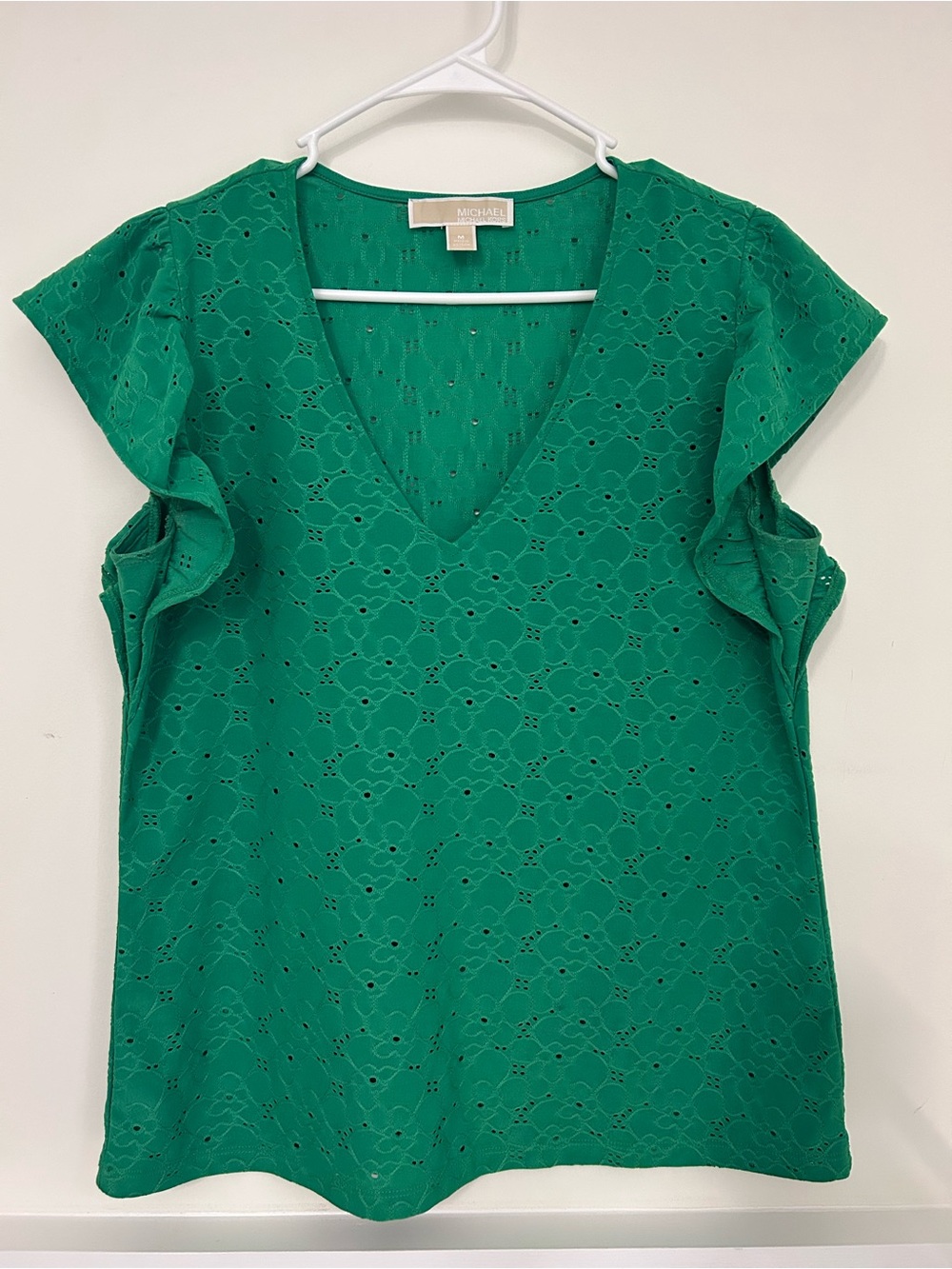 MICHAEL Michael Kors Green Eyelet Flutter Sleeve Top Medium